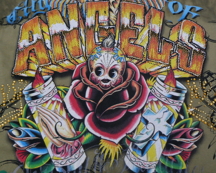 Y2K Mens Christian Audigier Angels Beaded Graphic T-Shirt