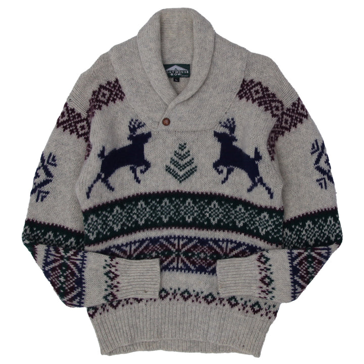 Vintage Boat House Row 100% Wool Shetland Shawl Neck Fair Isle Sweater Size L - Fashion Rerun Vintage Migration_Sweaters