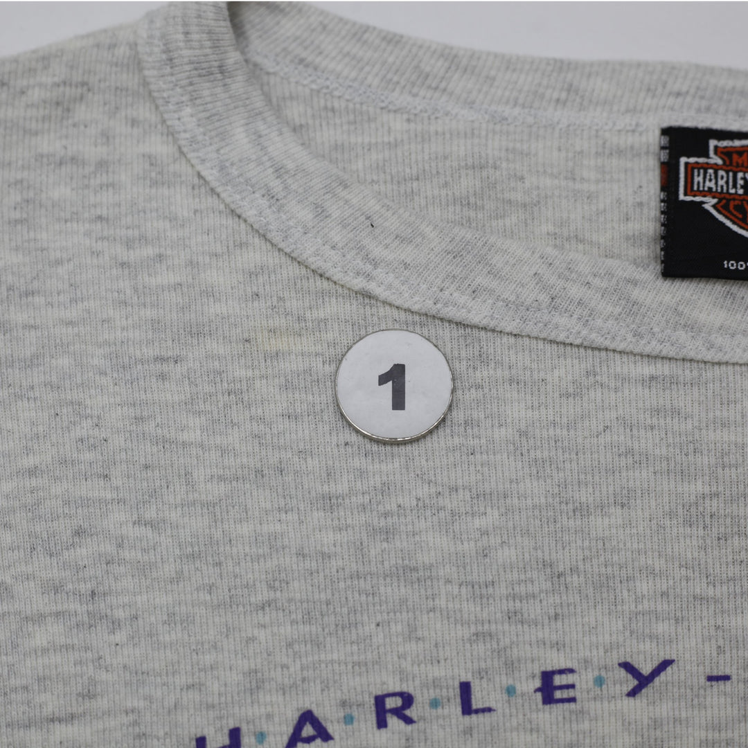 Ladies Harley Davidson Heather Gray Lettuce Edge Long Sleeve Top Graphic