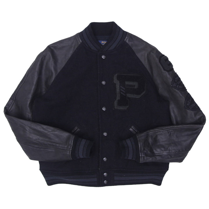 Polo Ralph Lauren Black Leather Varsity Jacket P Wing RRL New York Patch