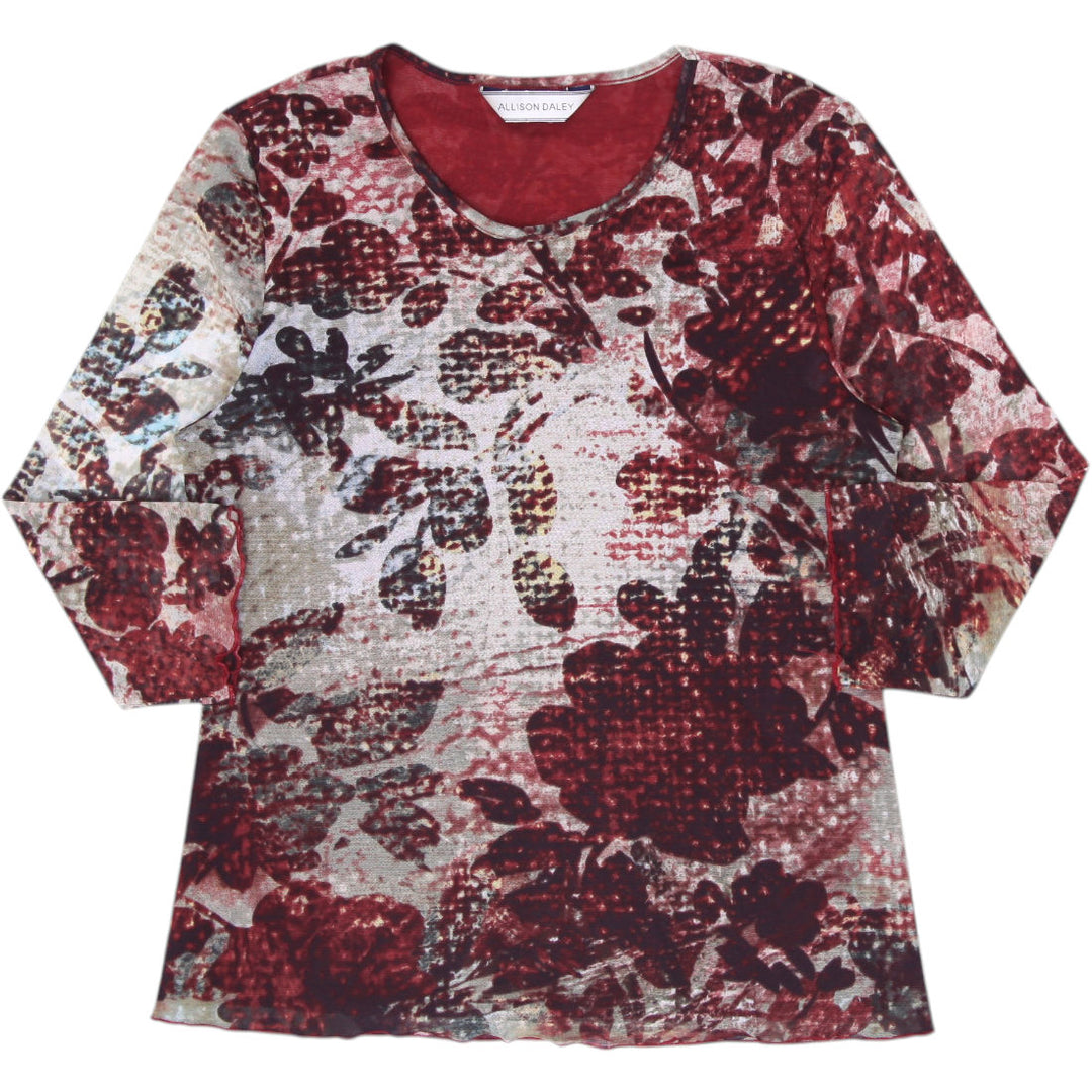 Y2K Ladies Allison Daley Burgundy Floral Mesh 3/4-Sleeve Lined Top Size S