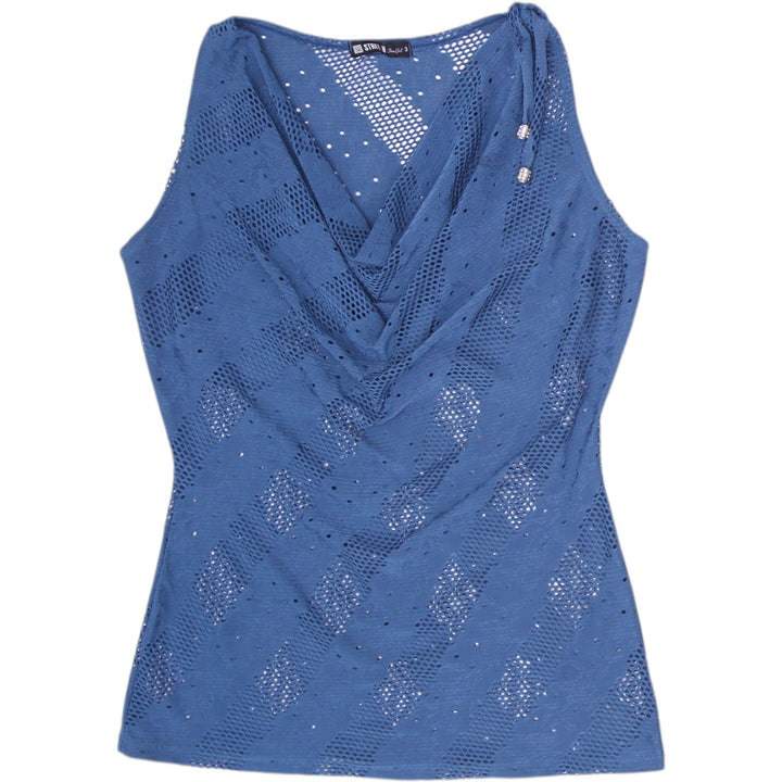 Y2K Ladies Stretch FreeGirl Slate Blue Cowl Neck Pointelle Mesh Tank Top Size 3