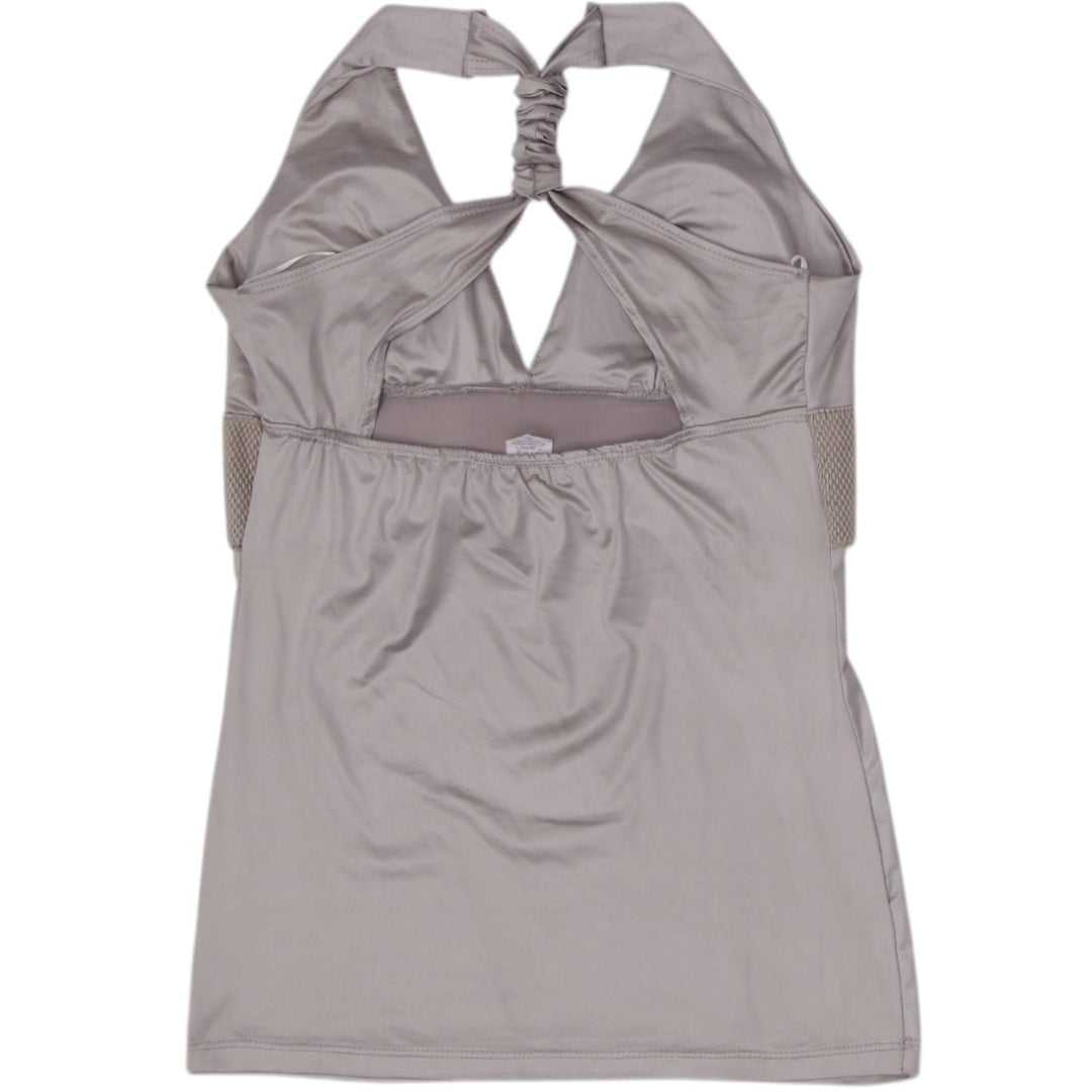 Y2K Ladies Wet Seal Halter Top Taupe Rhinestone Buckle Open Back Made in USA XL