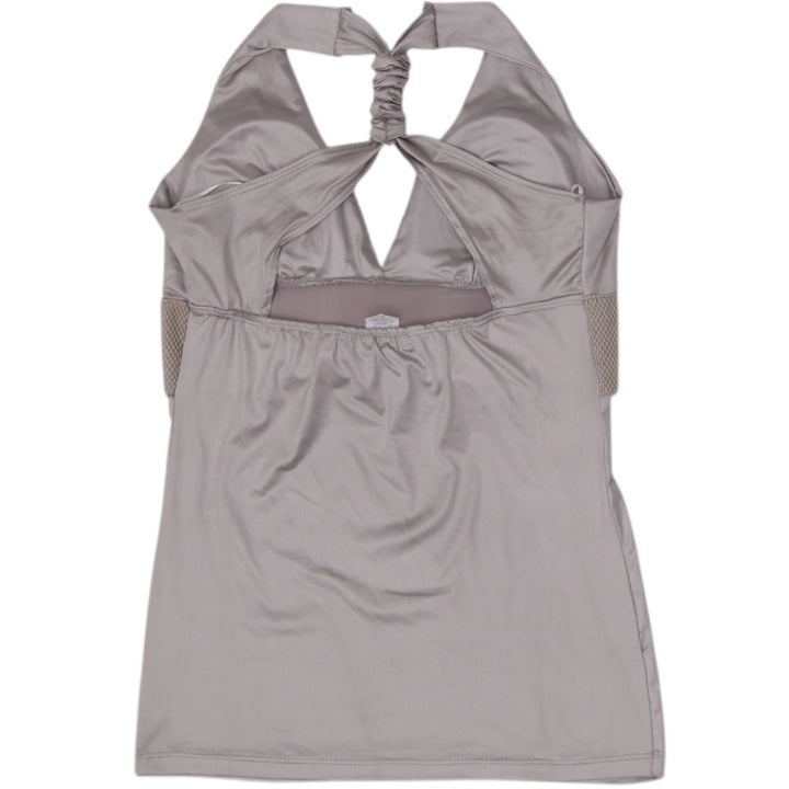 Y2K Ladies Wet Seal Halter Top Taupe Rhinestone Buckle Open Back Made in USA XL