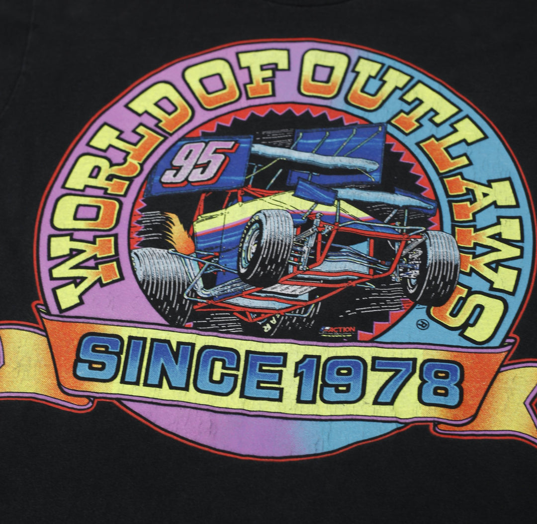 Vintage 1995 World of Outlaws Racing Black T-Shirt Single Stitch M | Migration_T-Shirts - Detail View | Fashion Rerun