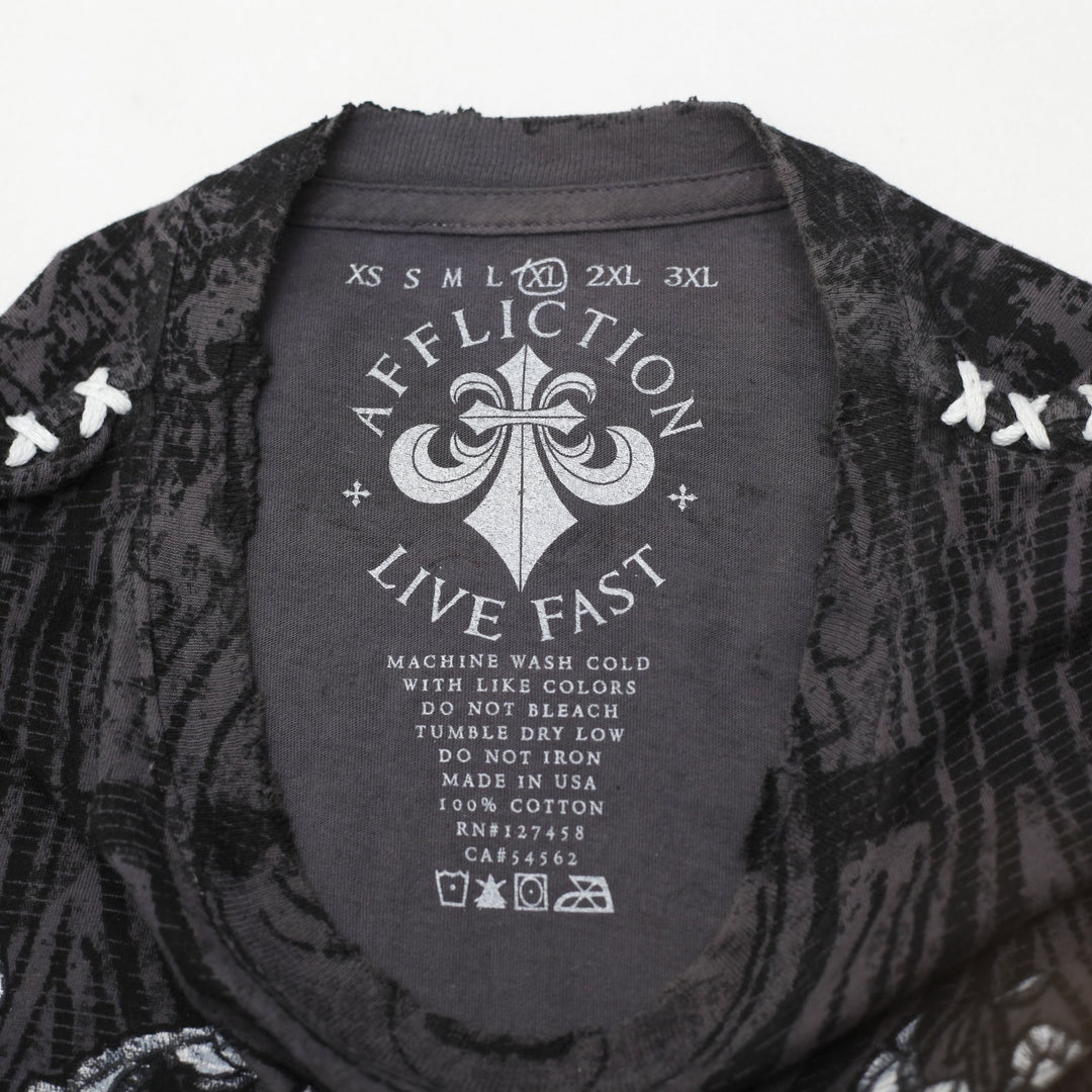 Y2K Men’s Affliction Skull Graphic Embroidered T-Shirt Size XL | Migration_T-Shirts SW COLLECTION - Back View | Fashion Rerun