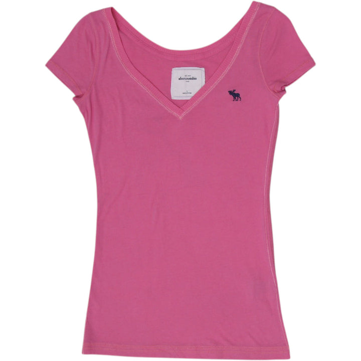 Y2K Youth Girls Abercrombie Pink V-Neck Embroidered Moose Logo T-Shirt L (14)