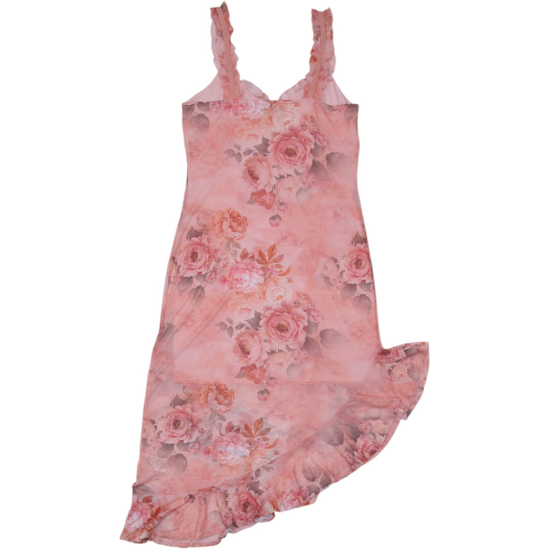 Y2K Ladies Almost Famous Nightgown Pink Floral Sleeveless Ruffle Size L