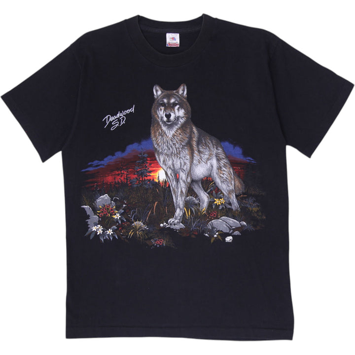 Vintage 90s Fruit of the Loom Deadwood SD Wolf Graphic T-Shirt Made in USA Sz L