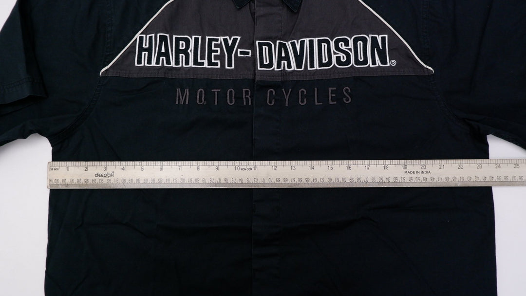 Mens Harley Davidson Black Short Sleeve Button Down Embroidered Collar Shirt