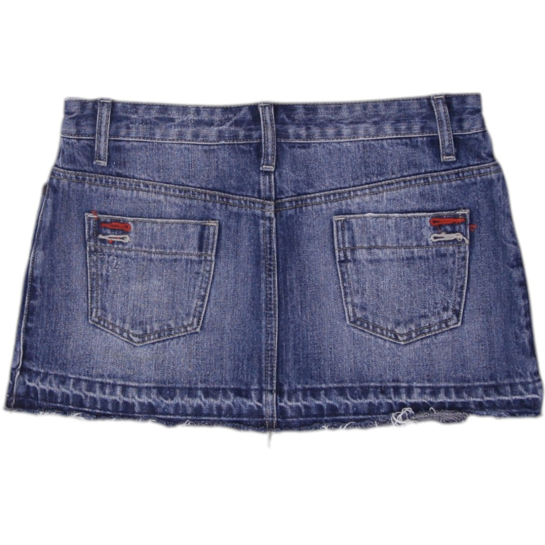 Y2K Ladies Denim Blue Frayed Hem Mini Skirt Size 34 | Migration_Skirts - Side View | Fashion Rerun