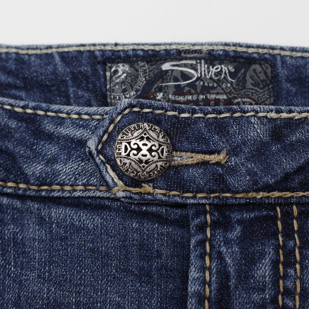 Y2K Ladies Silver Mini Skirt Blue Distressed Denim