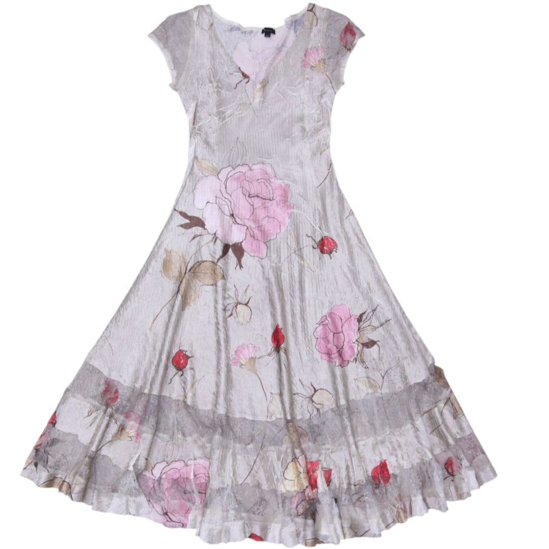 Y2K Ladies Komarov Floral Pleated Charmeuse Lace Hem Midi Dress Size M