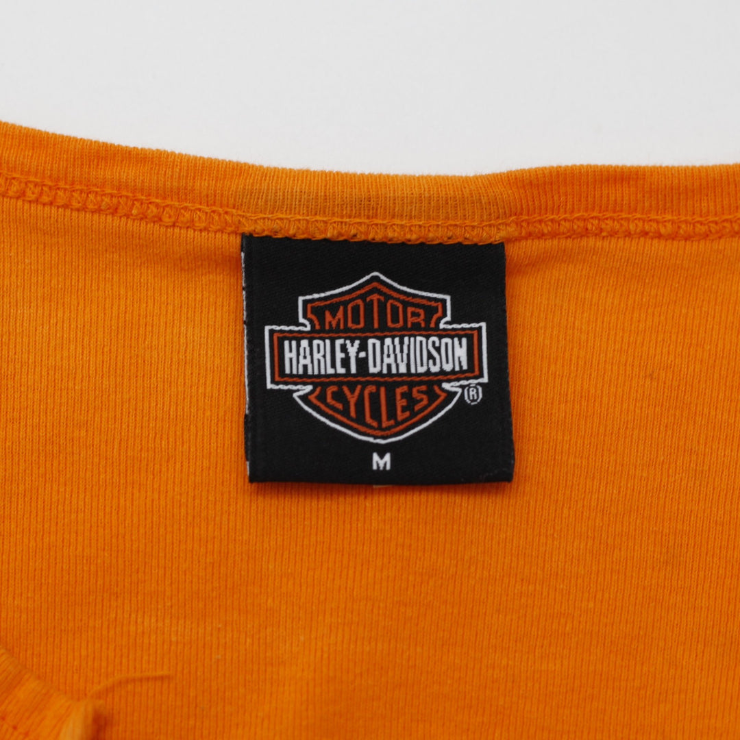Y2K Ladies Harley Davidson T-Shirt Orange Tie Dye Graphic Size M