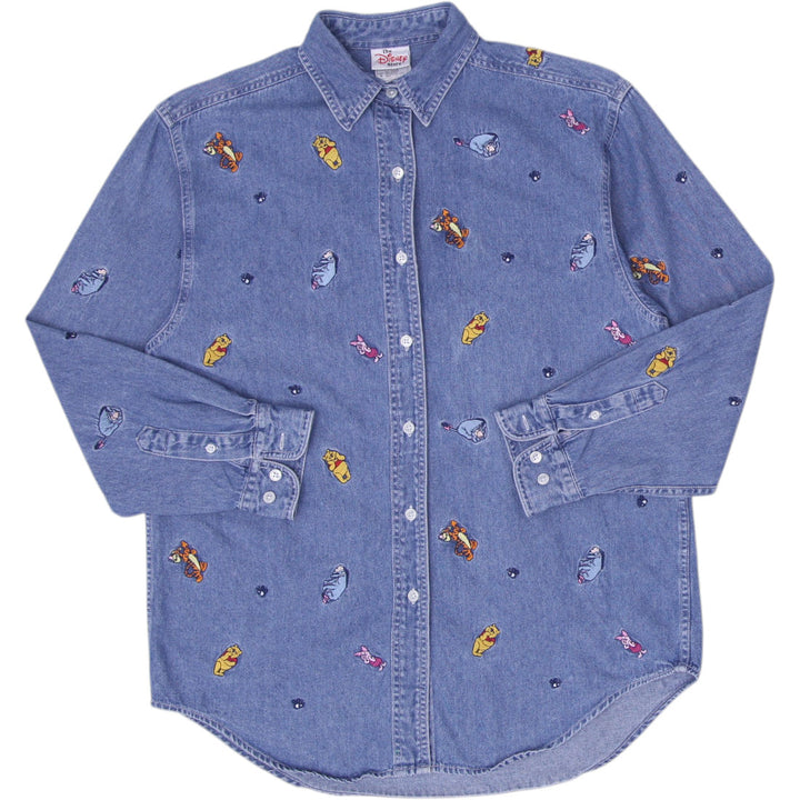Vintage Mens Disney Denim Shirt Blue Embroidered Cartoon Size M