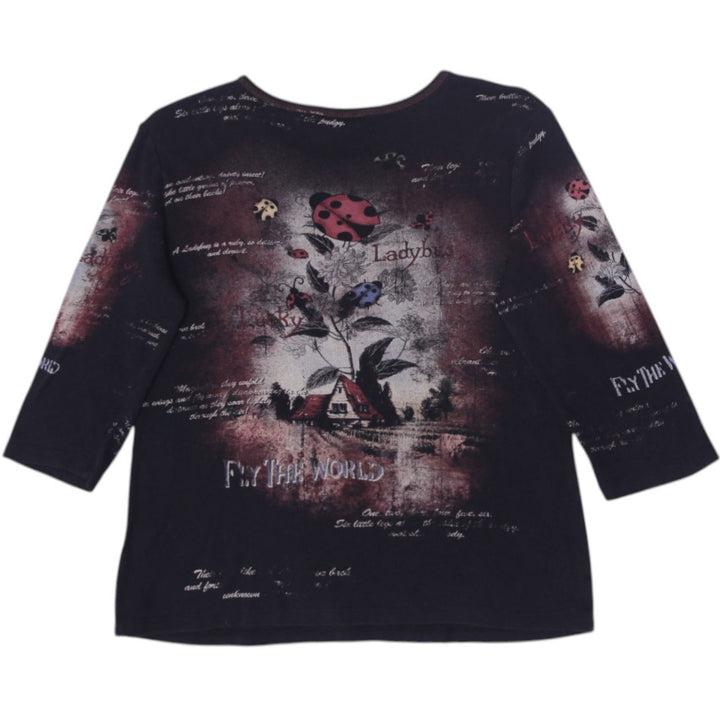 Y2K Ladies Christopher Banks Black Graphic Long Sleeve T-Shirt | Migration_Y2K Tops - Side View | Fashion Rerun