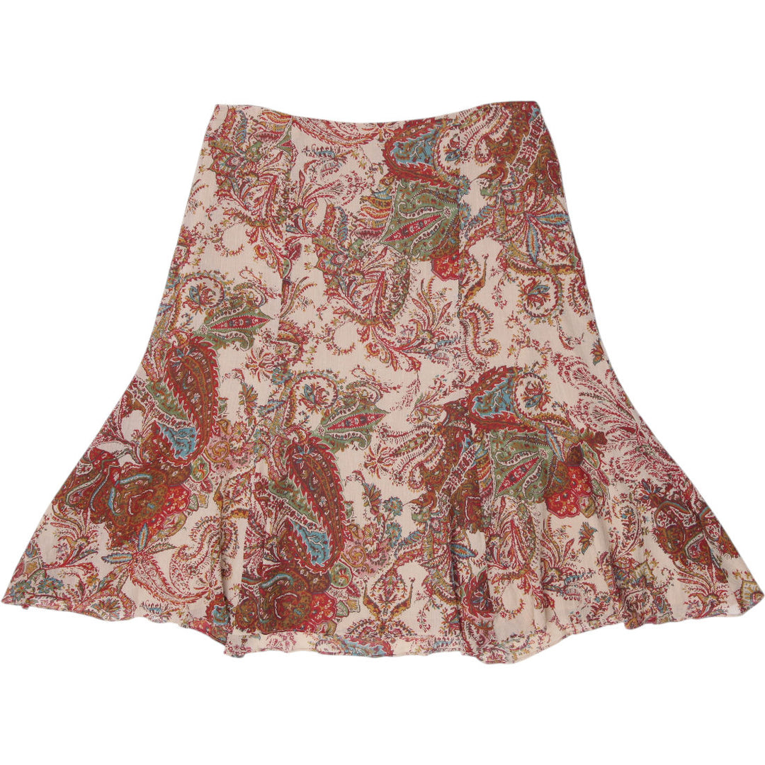 Y2K Ladies American Living Boho Paisley Midi Skirt Cotton Flounce Hem
