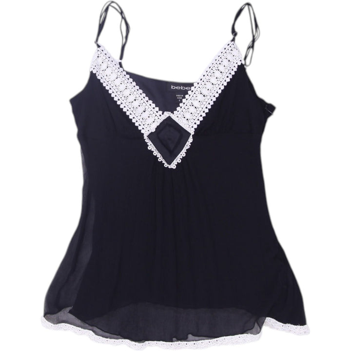 Y2K Ladies Bebe Tank Top Black Lace Strappy V Neck | Migration_Y2K Tops | Fashion Rerun