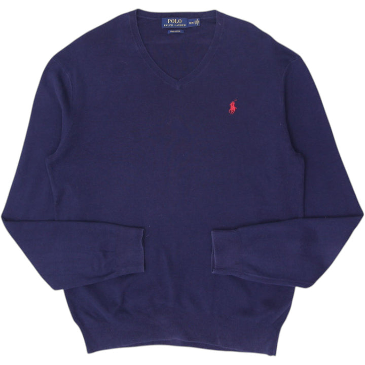 Mens Polo Ralph Lauren Sweater Navy Blue V-Neck Cotton Classic