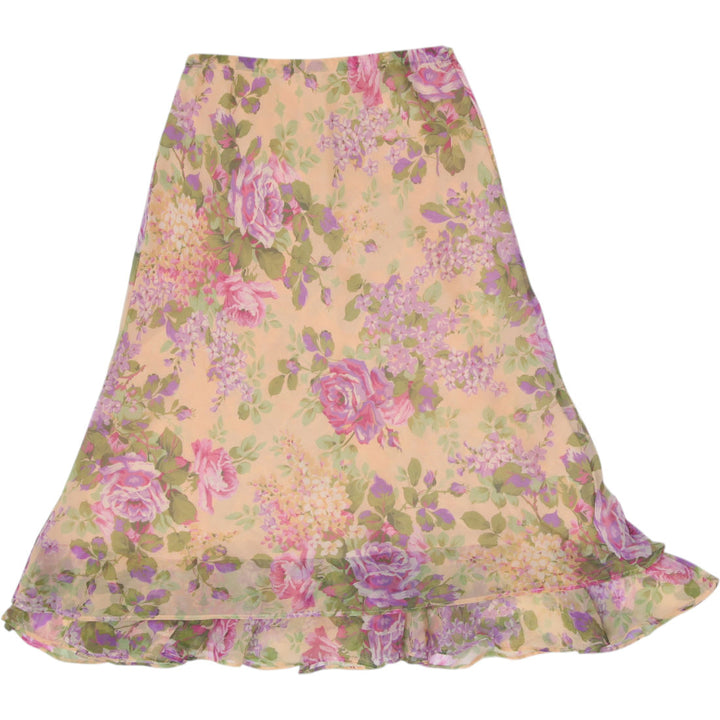Y2K Ladies Pastel Floral Mesh Ruffle Hem Midi Skirt Size 16