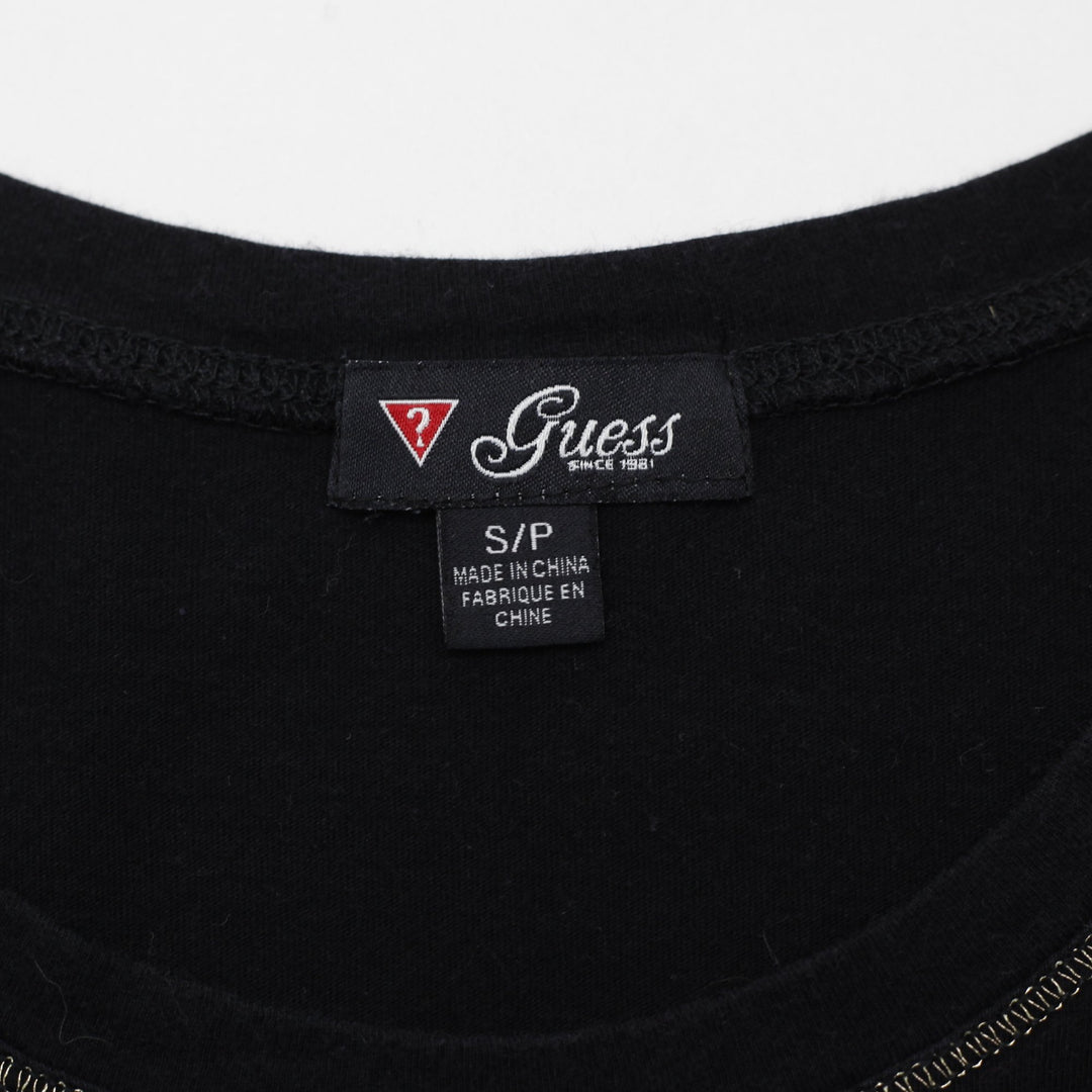 Y2K Ladies Guess T-Shirt Black Sequin Logo Short Sleeve Size S