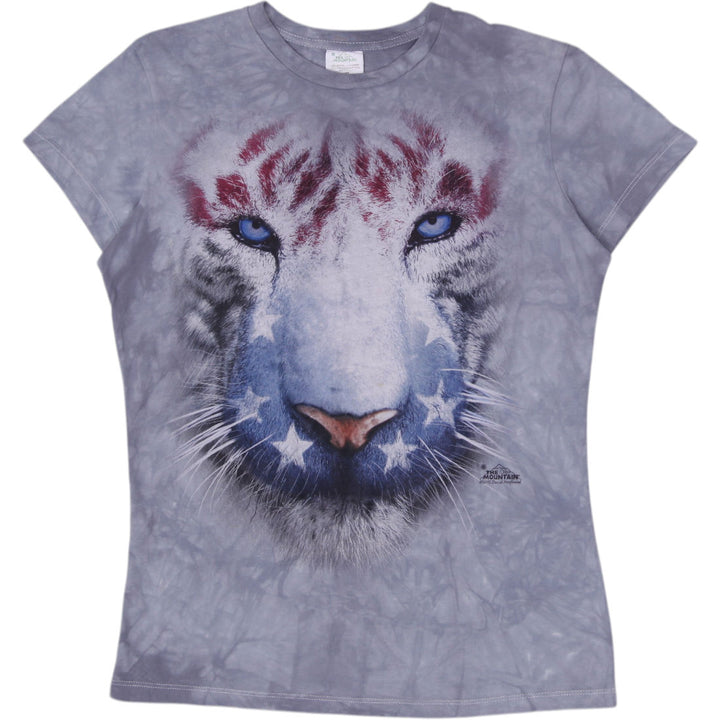 Ladies The Mountain White Tiger American Flag Graphic T-Shirt Size M