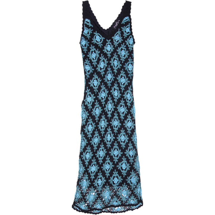 Y2K Ladies Algo Crochet Dress Black Blue Geometric Sheath Size S