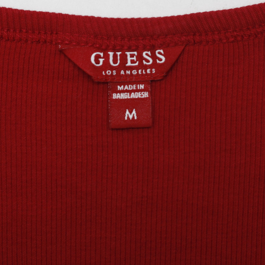 Y2K Ladies Guess Red Ribbed Button Henley T-Shirt Size M