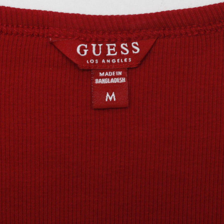 Y2K Ladies Guess Red Ribbed Button Henley T-Shirt Size M