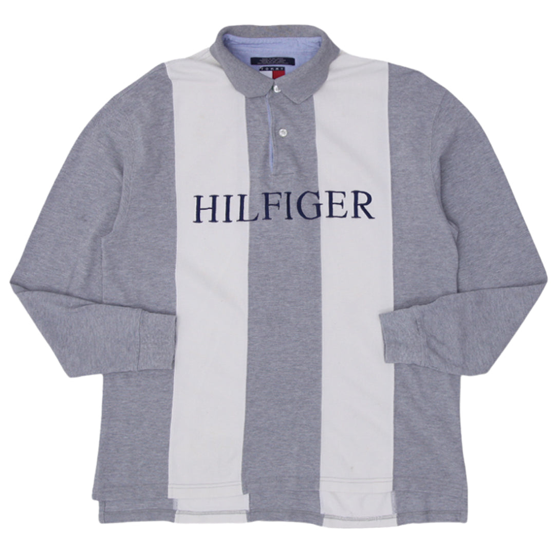 Vintage Tommy Hilfiger Rugby Polo Shirt- Gray & White Stripe Large - Fashion Rerun Vintage Migration_T-Shirt