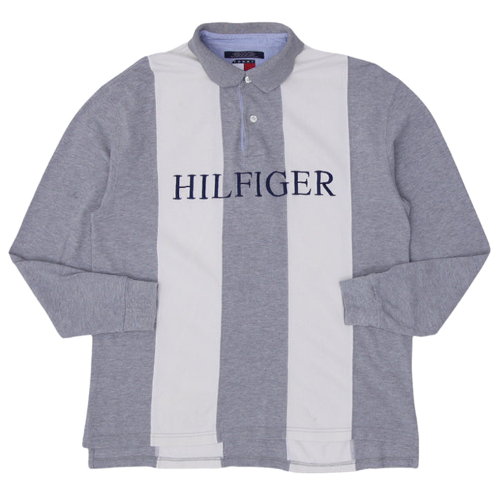 Vintage Tommy Hilfiger Rugby Polo Shirt- Gray & White Stripe Large - Fashion Rerun Vintage Migration_T-Shirt