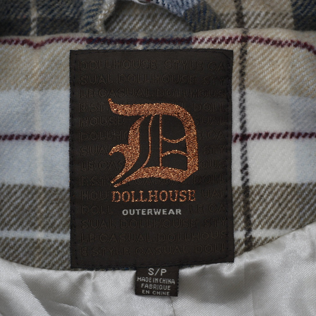 Y2K Ladies Dollhouse Plaid Peacoat Jacket Double Breasted Tan Cream Size S
