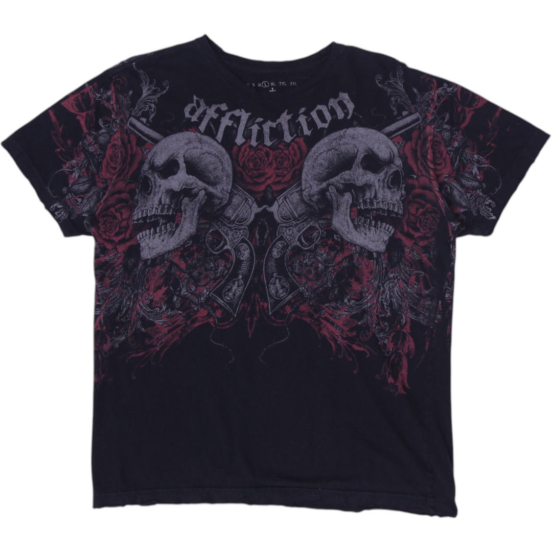 Y2K Mens Affliction Sematary Haunted Mound Skull Roses Guns Aged Size L