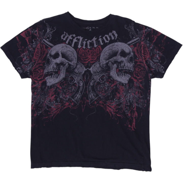 Y2K Mens Affliction Sematary Haunted Mound Skull Roses Guns Aged Size L