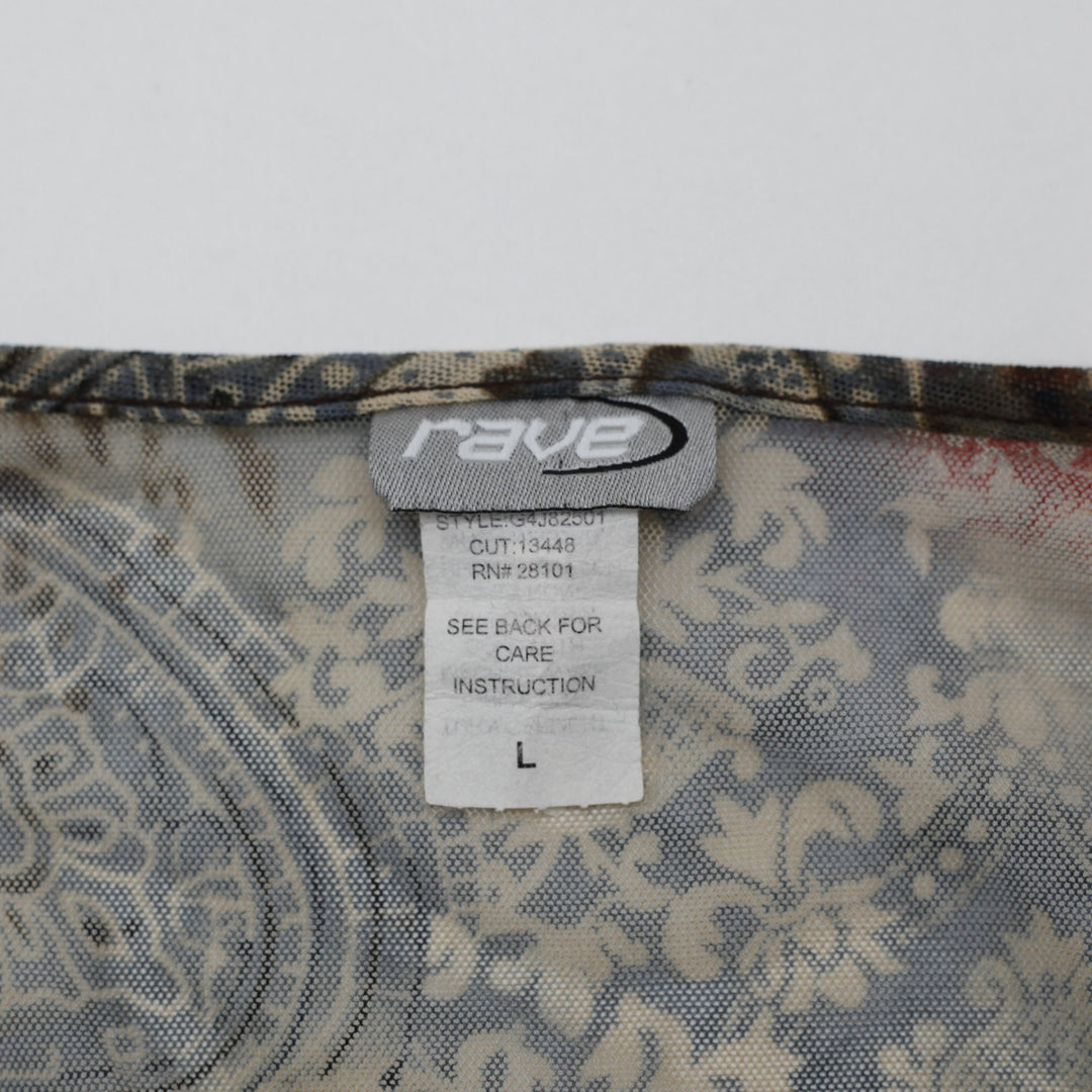 Y2K Ladies Rave Mixed Print Paisley & Cheetah Mesh Bell-Sleeve Top Size L