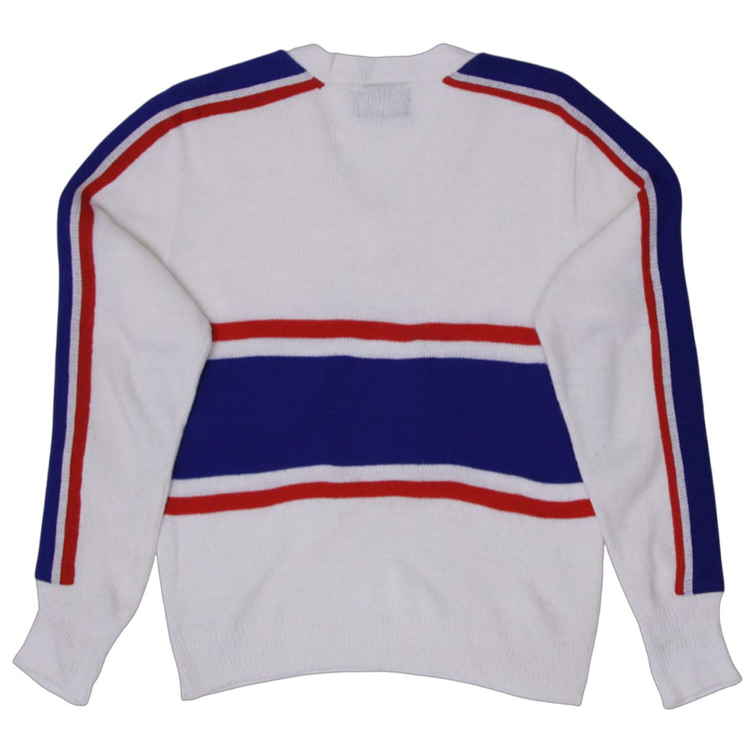 Vintage Mens Dehen Sweater White V-Neck Knit Graphic Made In USA