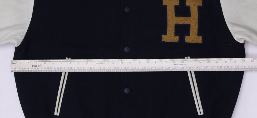 Vintage Tommy Hilfiger Varsity Jacket Navy Leather Sleeves Logo 88 XL | Migration_Jackets - View 7 | Fashion Rerun