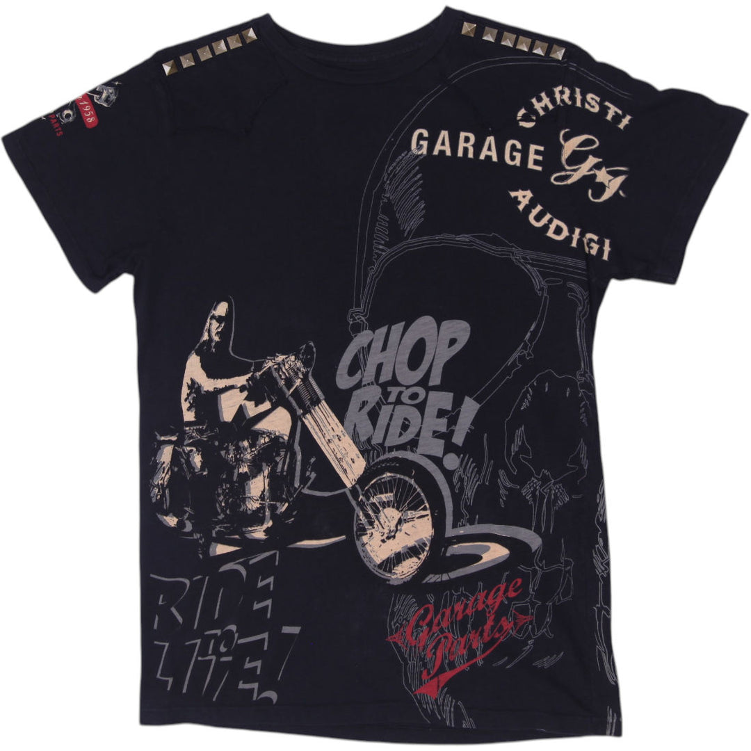 Y2K Mens Christian Audigier Garage Parts Studded Biker T-Shirt Size M