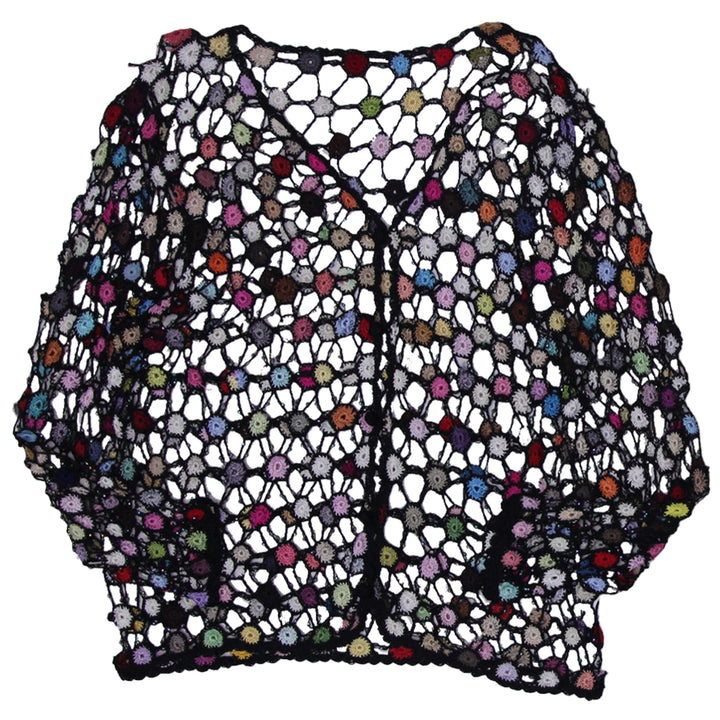 Y2K Ladies Colorful Beaded Crochet Knit Fishnet Button Front Top