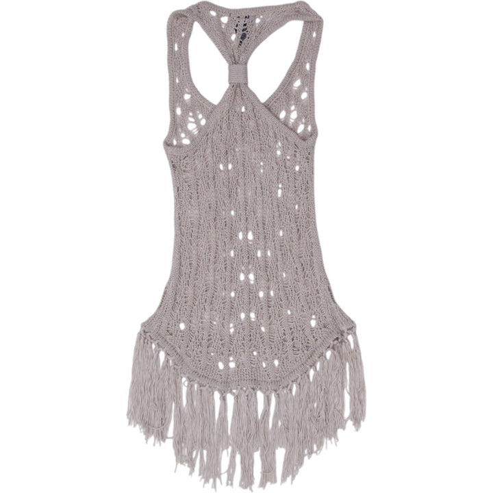 Y2K Ladies Wet Seal Crochet Knit Fringe Tank Top Beige Size Small