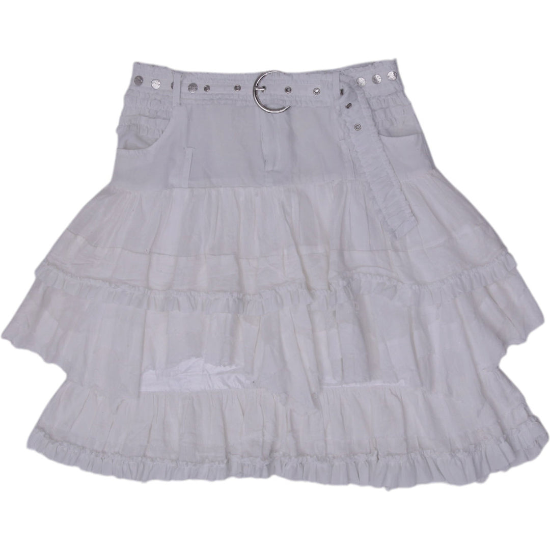 Y2K Ladies Holly Collection White Tiered Ruffle Skirt Belted Size M
