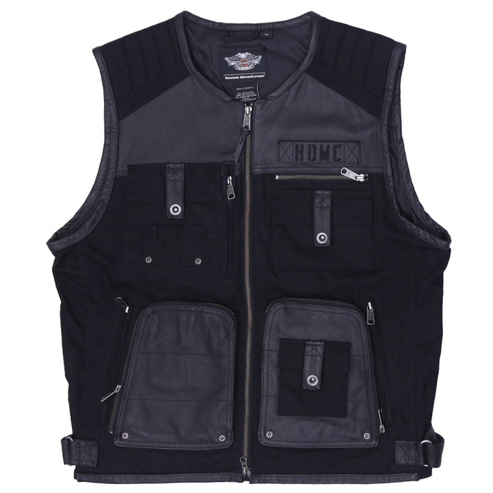 Vintage Mens Harley-Davidson Leather & Textile Multi-Pocketed Vest Black