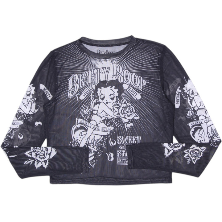 Y2k ladies Betty Boop Tattoo Flash Sheer Mesh Long Sleeve Crop Top Size L