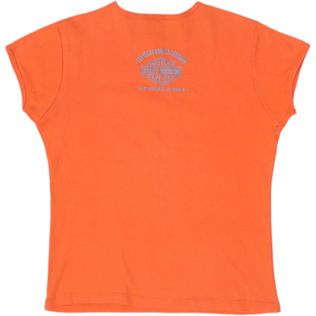 Y2K Ladies Harley Davidson Orange Floral Logo Graphic Top Size XL