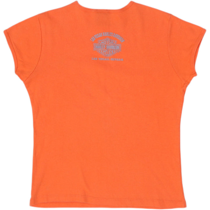 Y2K Ladies Harley Davidson Orange Floral Logo Graphic Top Size XL