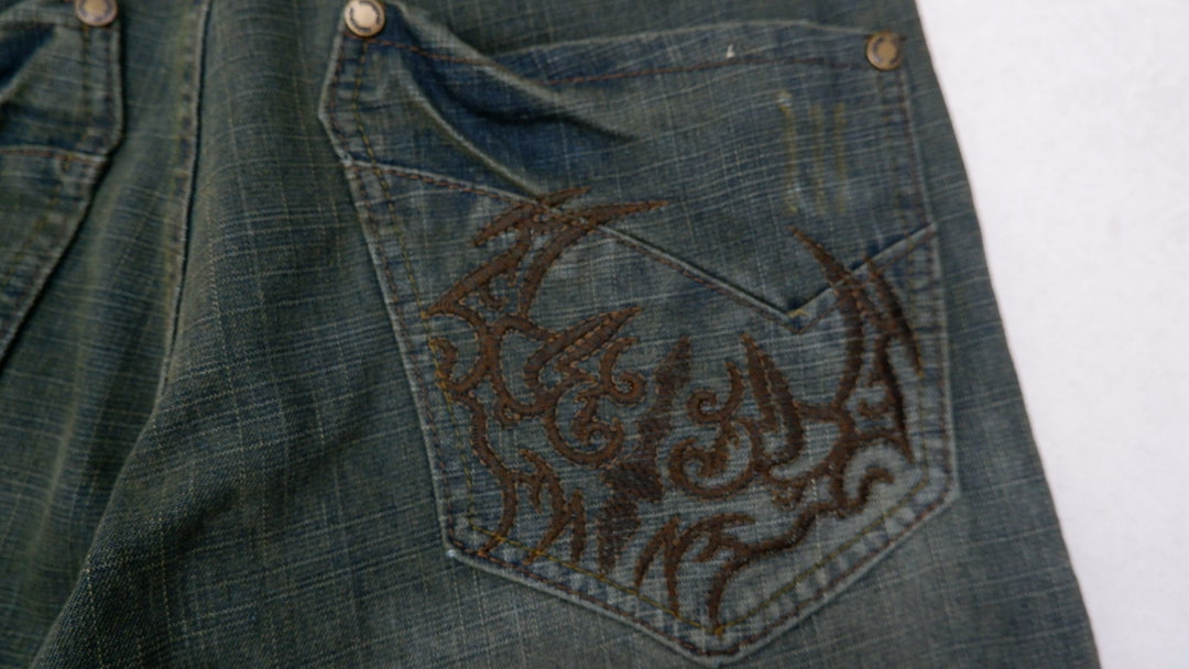 Y2K Mens Indigo 30 Jeans Washed Blue Embroidered Denim