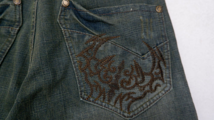 Y2K Mens Indigo 30 Jeans Washed Blue Embroidered Denim