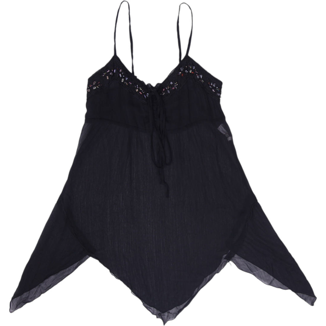 Y2K Ladies e-Woman Handkerchief Hem Black Tank Top Embroidered