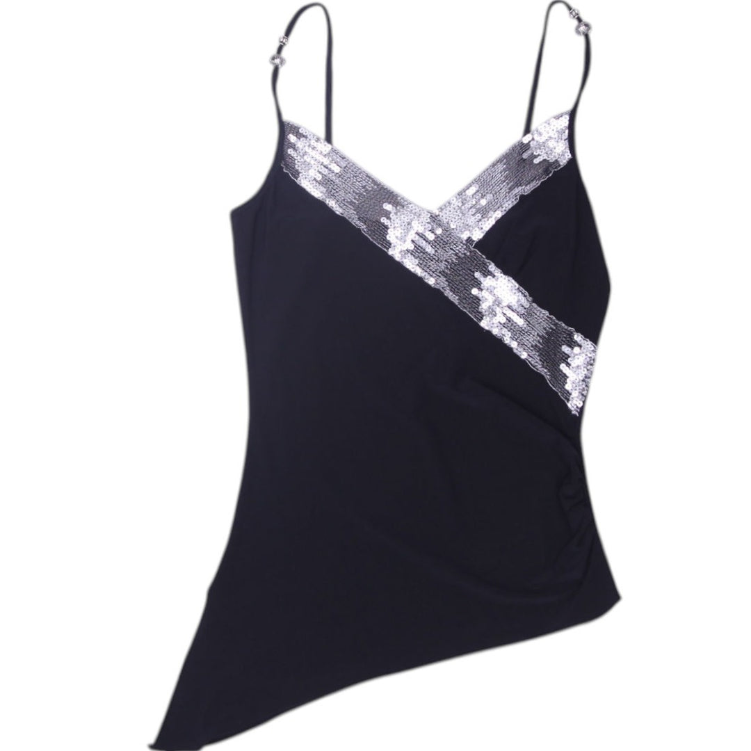 Y2K Ladies Black Silver Sequin Asymmetrical Hem Strappy Top | Migration_Y2K Tops | Fashion Rerun