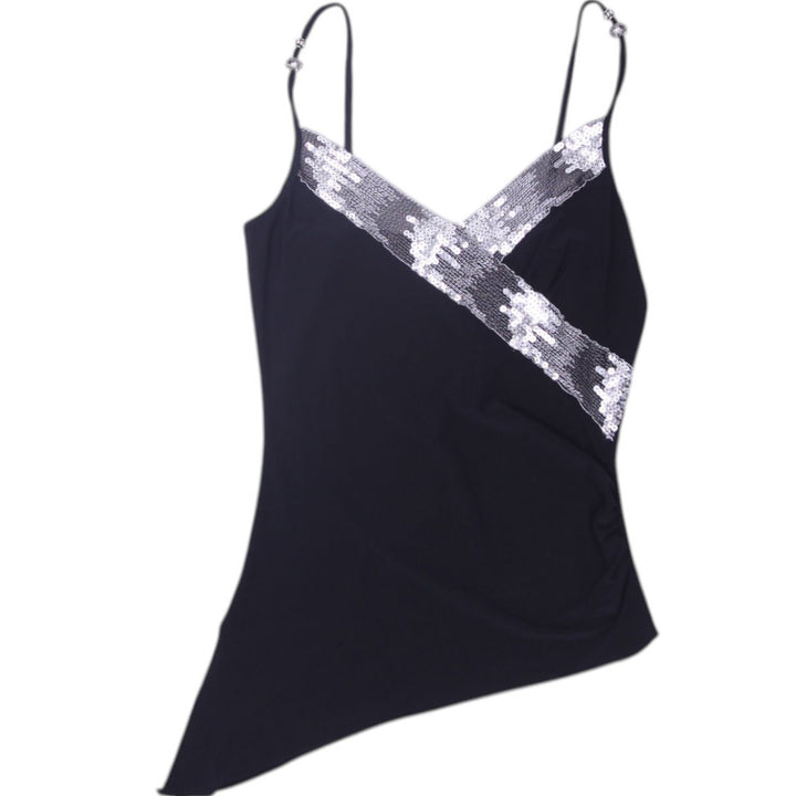 Y2K Ladies Black Silver Sequin Asymmetrical Hem Strappy Top | Migration_Y2K Tops | Fashion Rerun